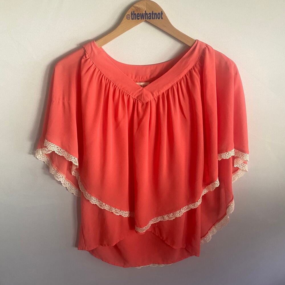 Jon & Anna Coral Poncho Blouse Top Size M Lace Trim Layered Hi-Lo V-neck Boho